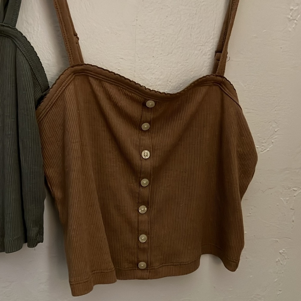American Eagle Outfitters Brown Ribbed Button-Front Crop Top Camisole
